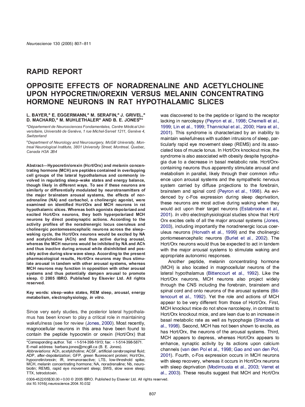 Opposite effects of noradrenaline and acetylcholine upon hypocretin/orexin versus melanin concentrating hormone neurons in rat hypothalamic slices