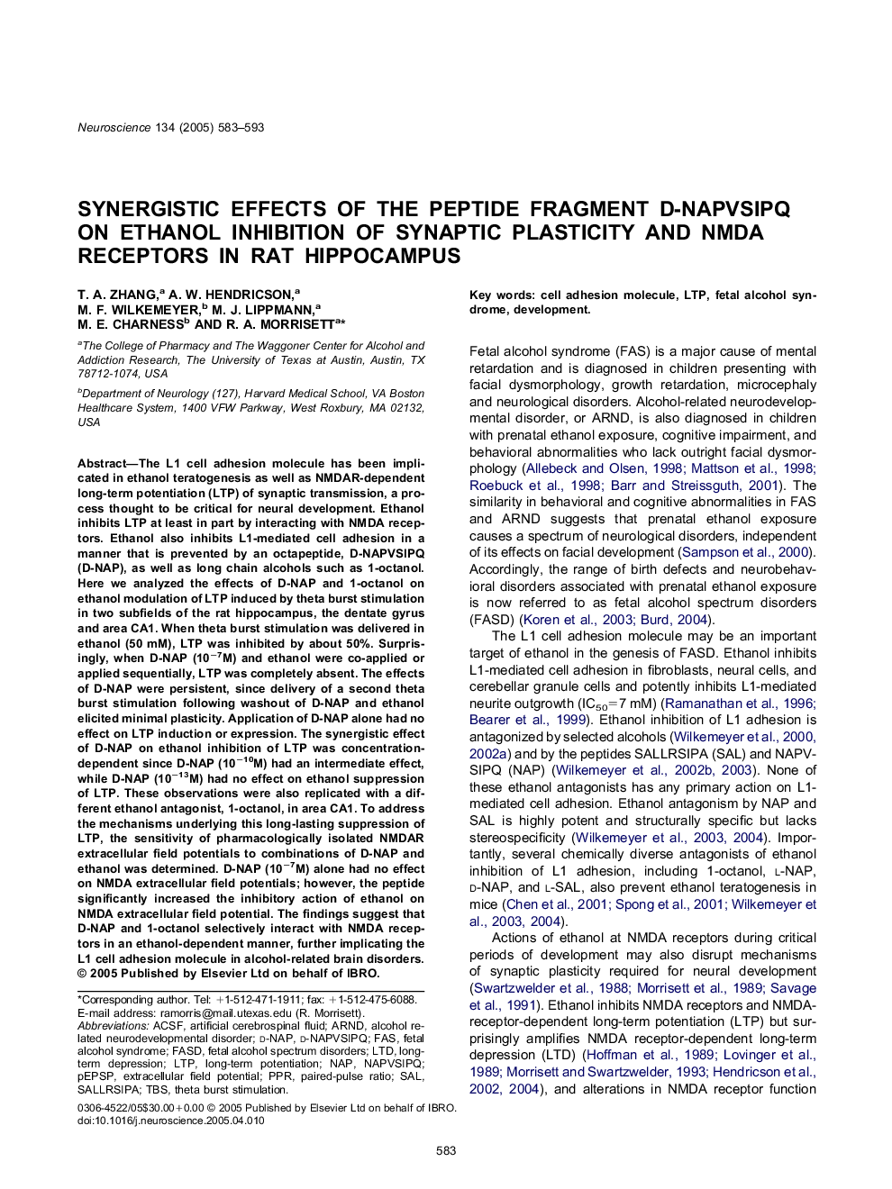 Synergistic effects of the peptide fragment D-NAPVSIPQ on ethanol inhibition of synaptic plasticity and NMDA receptors in rat hippocampus