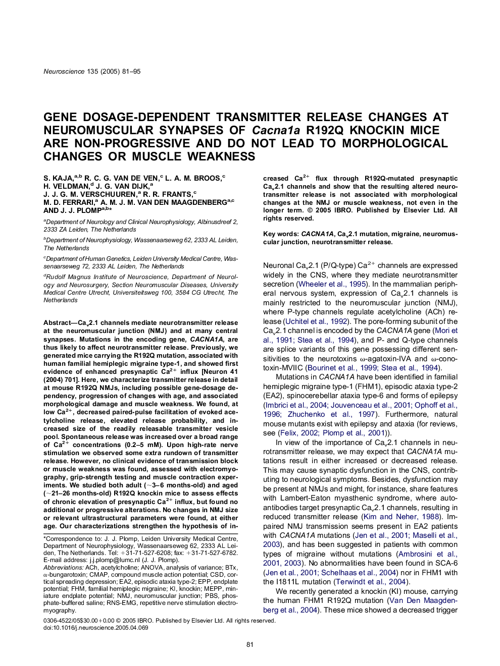 Gene dosage-dependent transmitter release changes at neuromuscular synapses of Cacna1a R192Q knockin mice are non-progressive and do not lead to morphological changes or muscle weakness