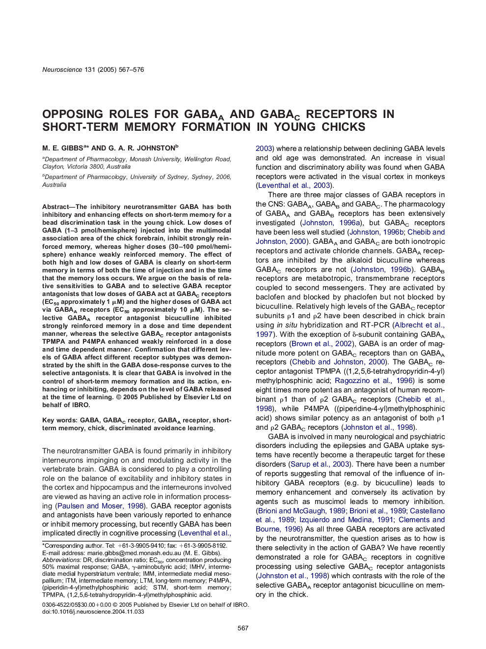 Opposing roles for GABAA and GABAC receptors in short-term memory formation in young chicks