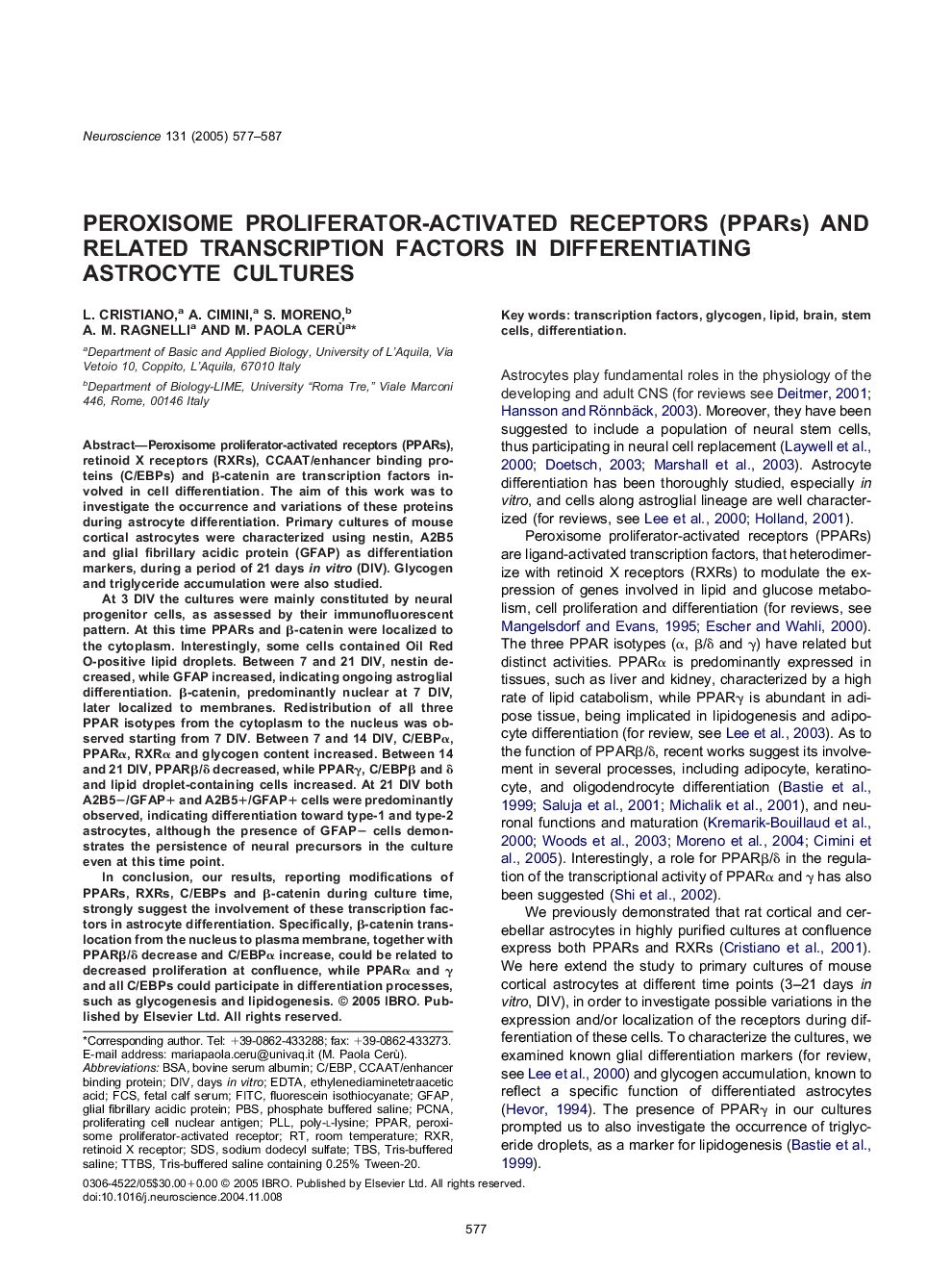 Peroxisome Proliferator-Activated Receptors (PPARs) and related transcription factors in differentiating astrocyte cultures