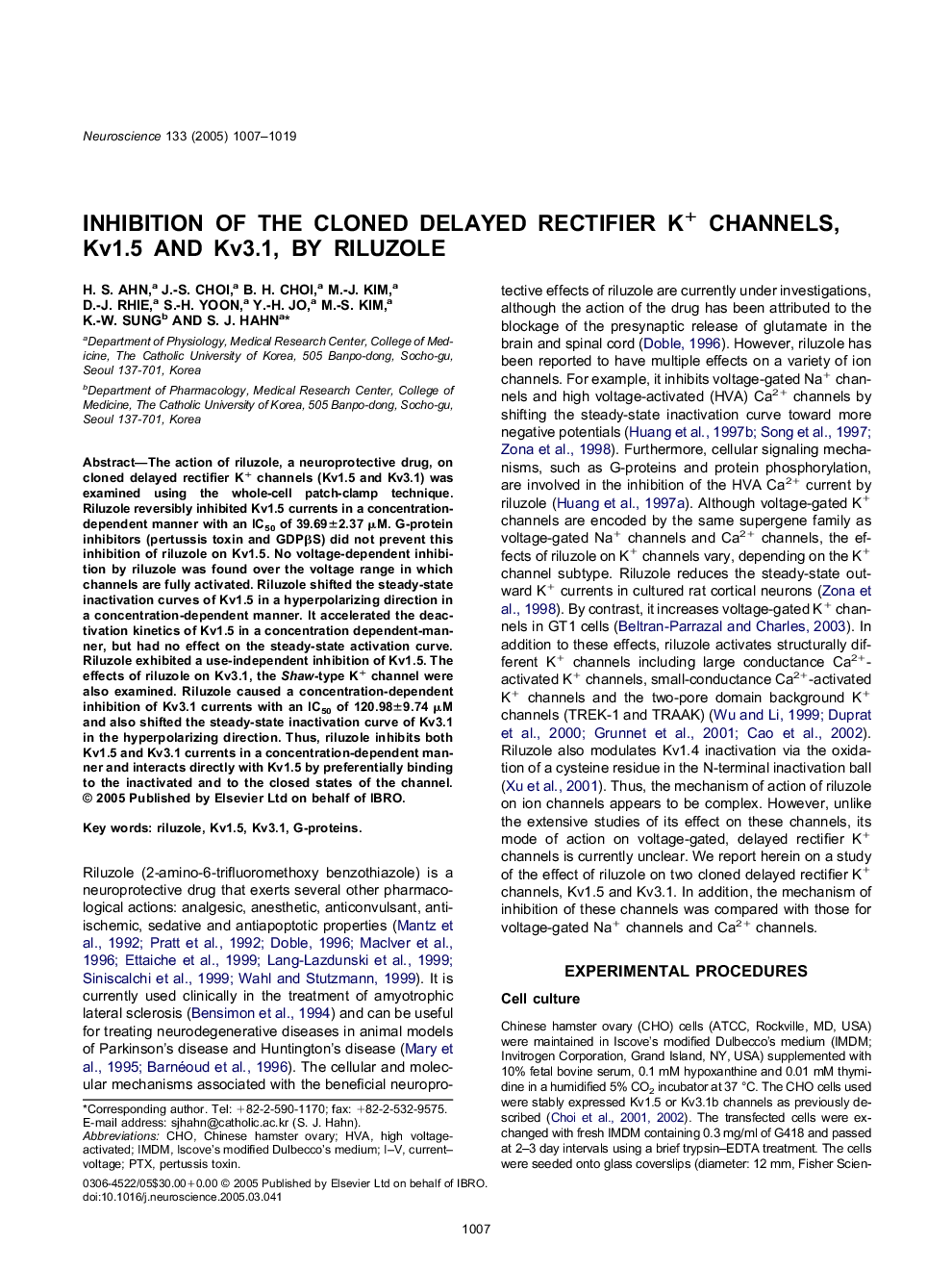 Inhibition of the cloned delayed rectifier K+ channels, Kv1.5 and Kv3.1, by riluzole