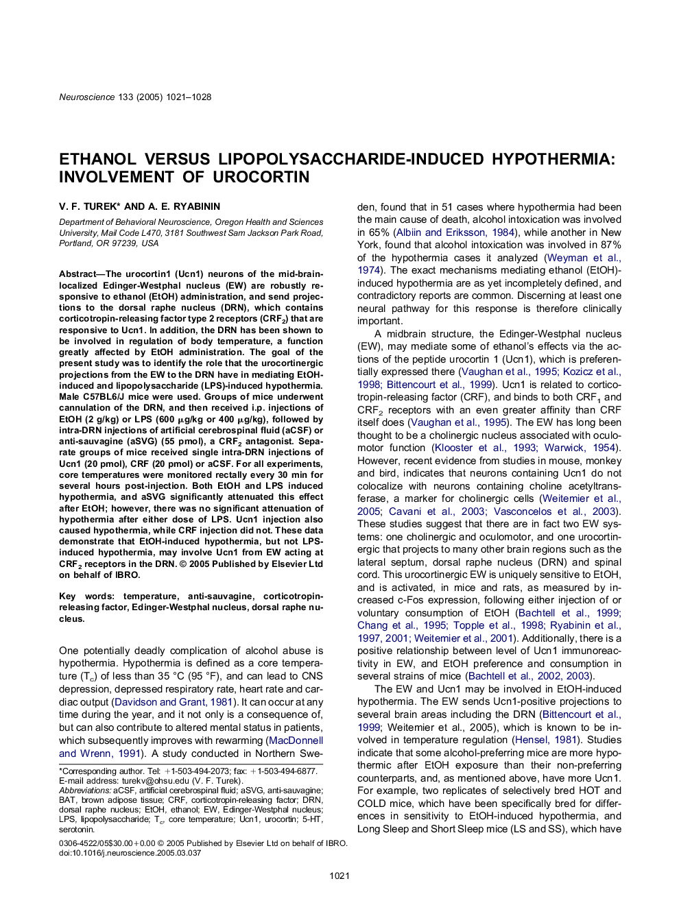 Ethanol versus lipopolysaccharide-induced hypothermia: Involvement of urocortin