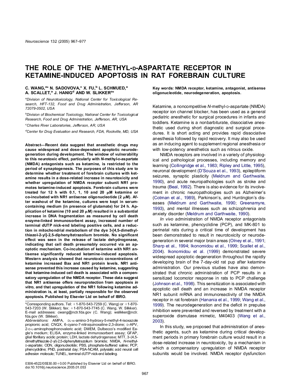 The role of the N-methyl-d-aspartate receptor in ketamine-induced apoptosis in rat forebrain culture