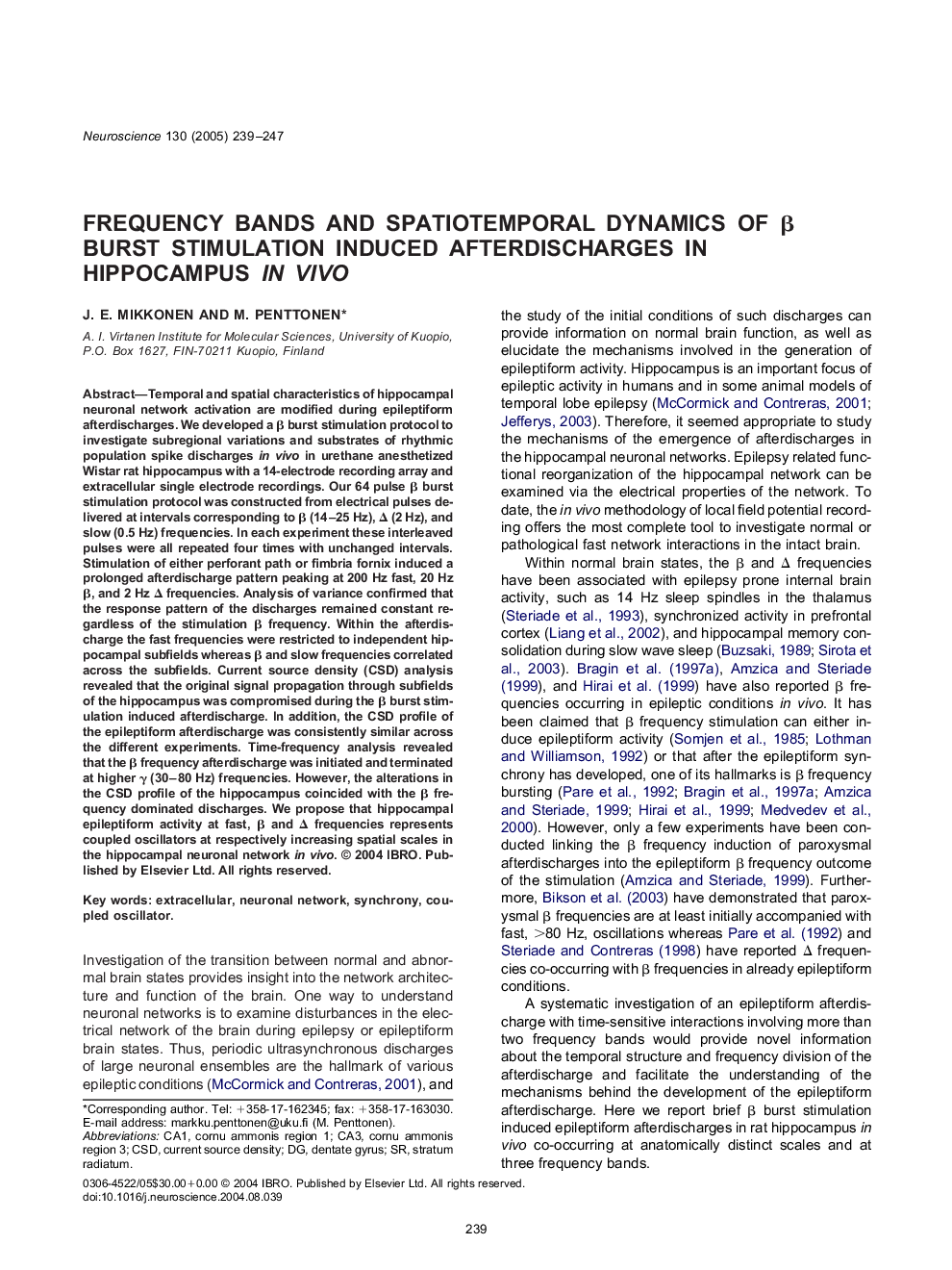 Frequency bands and spatiotemporal dynamics of Î² burst stimulation induced afterdischarges in hippocampus in vivo