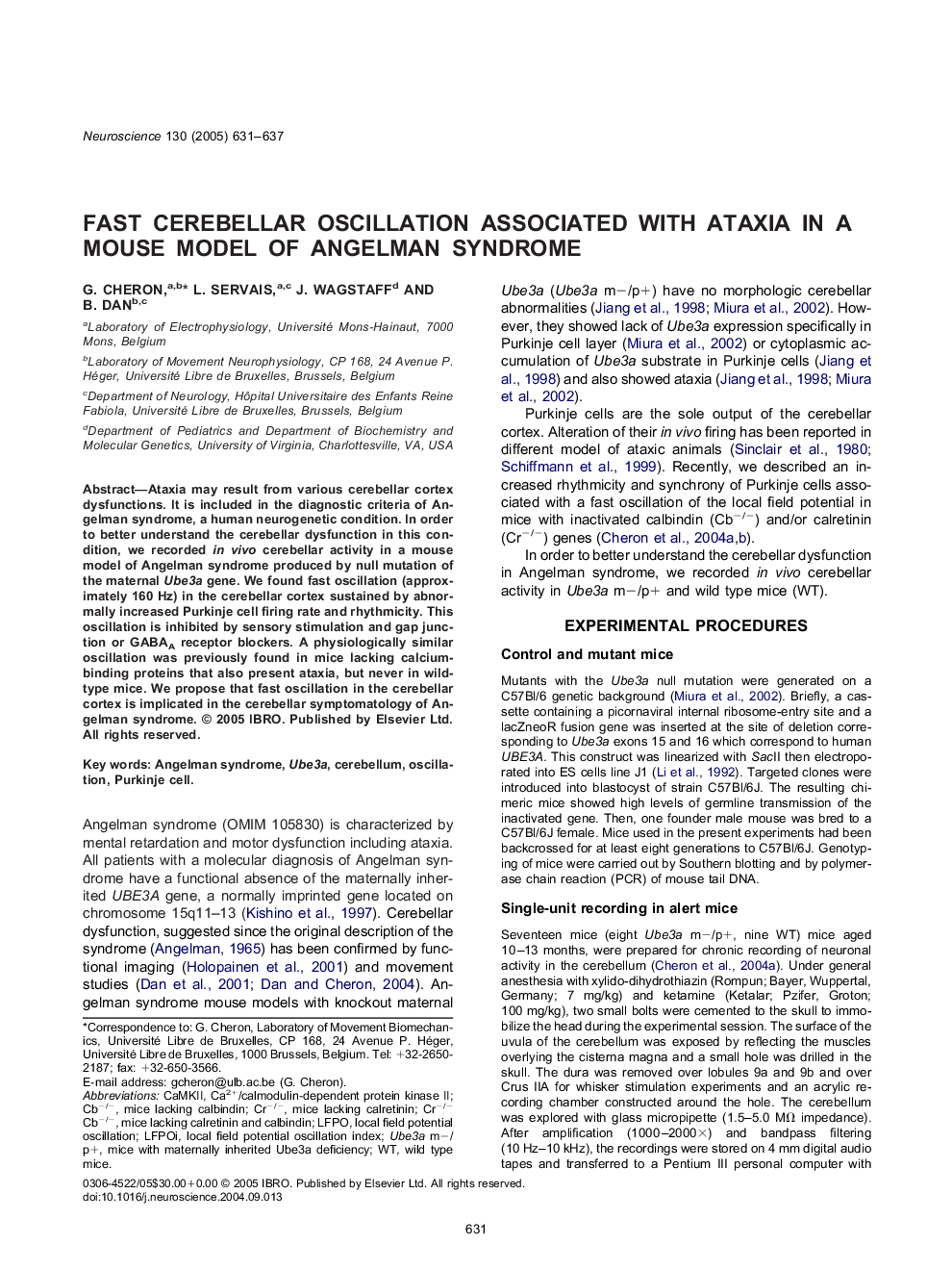 Fast cerebellar oscillation associated with ataxia in a mouse model of angelman syndrome