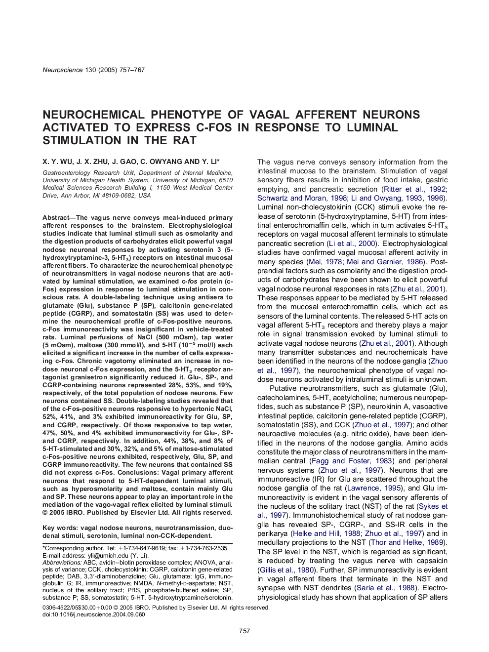 Neurochemical phenotype of vagal afferent neurons activated to express C-FOS in response to luminal stimulation in the rat