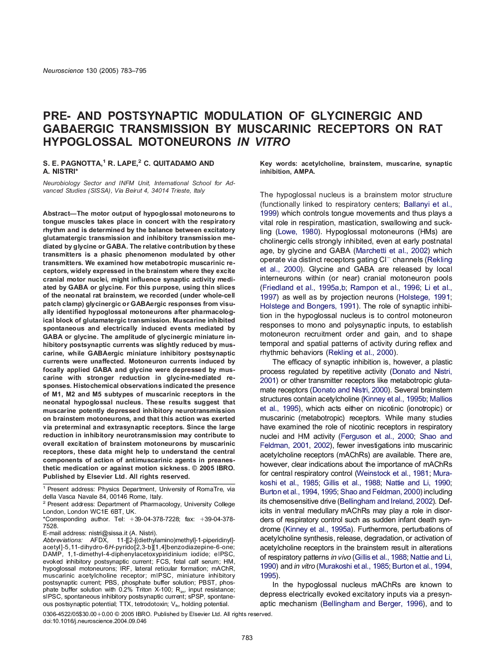 Pre- and postsynaptic modulation of glycinergic and gabaergic transmission by muscarinic receptors on rat hypoglossal motoneurons in vitro