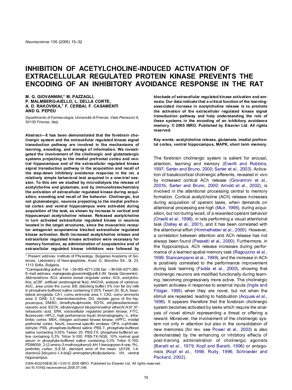 Inhibition of acetylcholine-induced activation of extracellular regulated protein kinase prevents the encoding of an inhibitory avoidance response in the rat