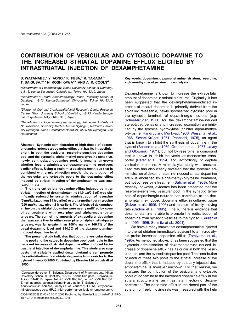 Contribution of vesicular and cytosolic dopamine to the increased striatal dopamine efflux elicited by intrastriatal injection of dexamphetamine