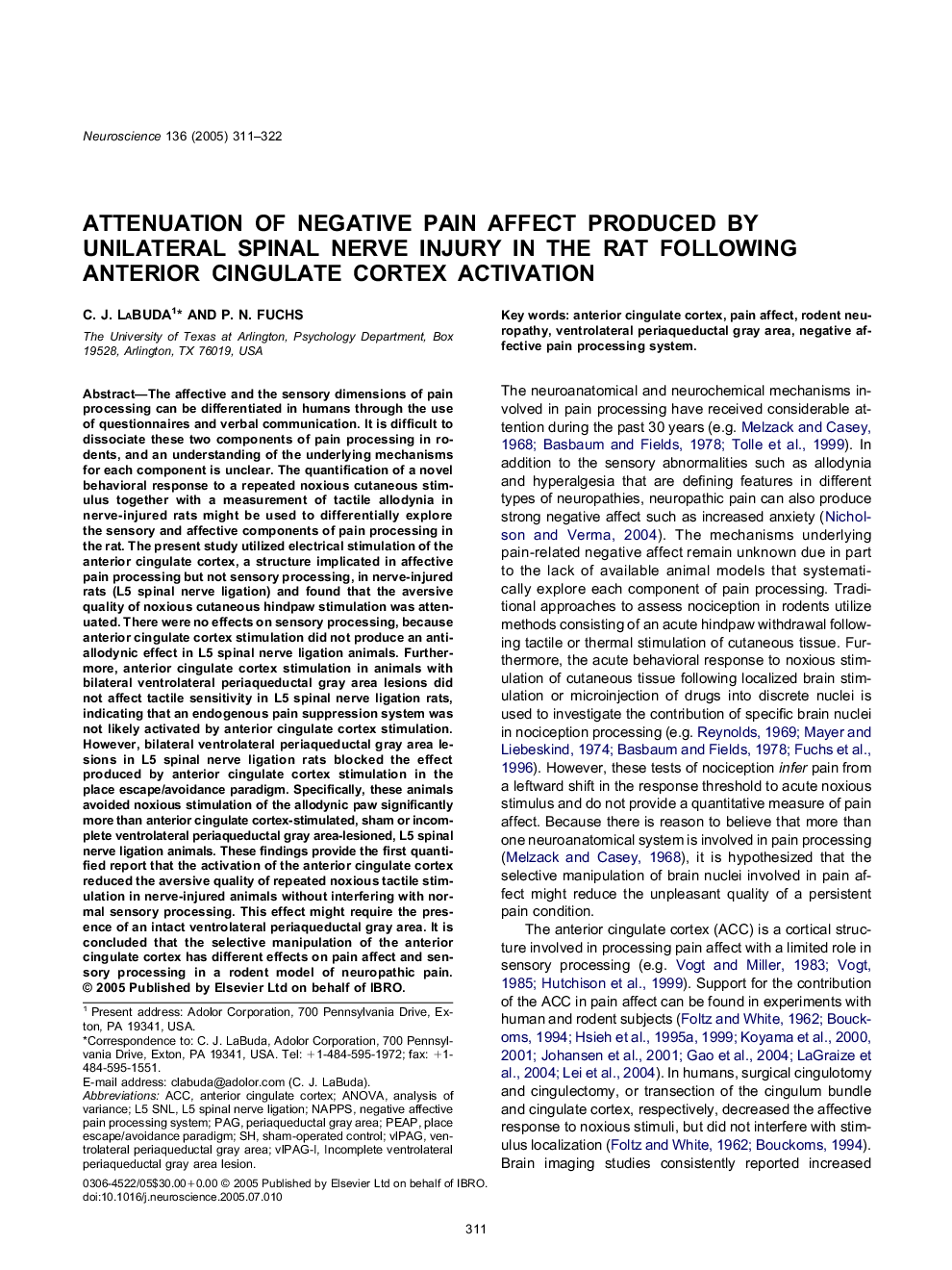 Attenuation of negative pain affect produced by unilateral spinal nerve injury in the rat following anterior cingulate cortex activation