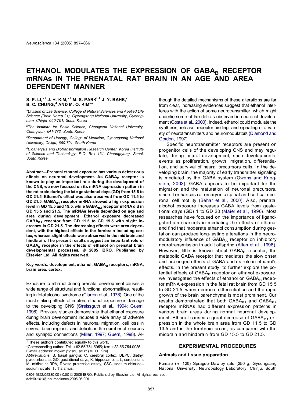 Ethanol modulates the expression of GABAB receptor mRNAs in the prenatal rat brain in an age and area dependent manner