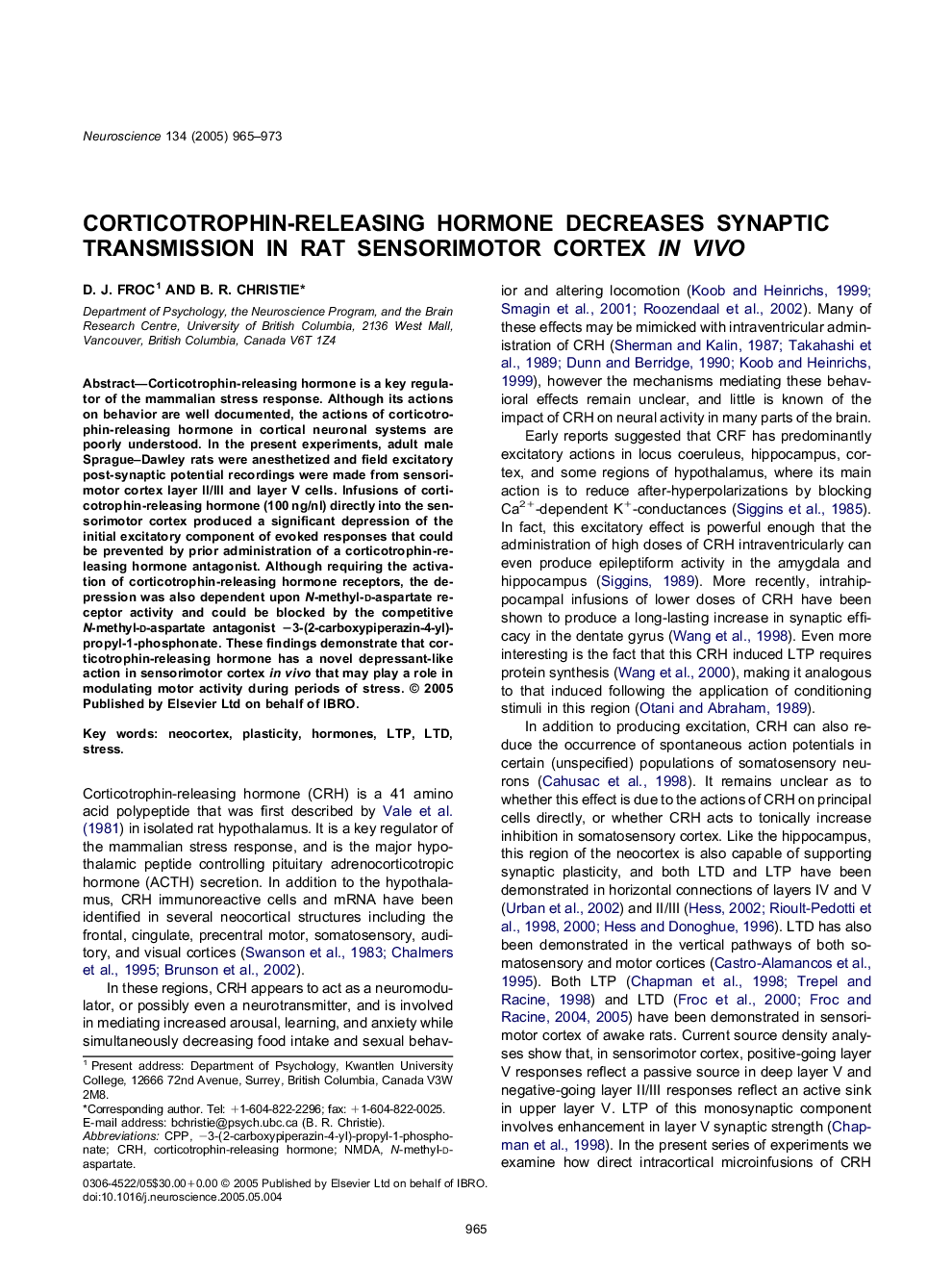 Corticotrophin-releasing hormone decreases synaptic transmission in rat sensorimotor cortex in vivo