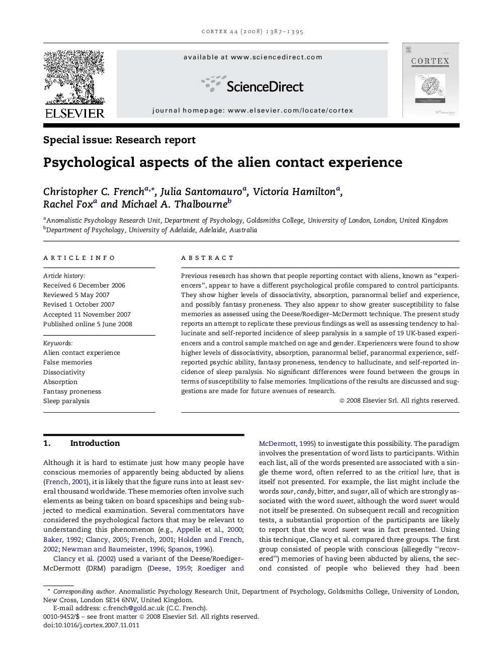 Psychological aspects of the alien contact experience