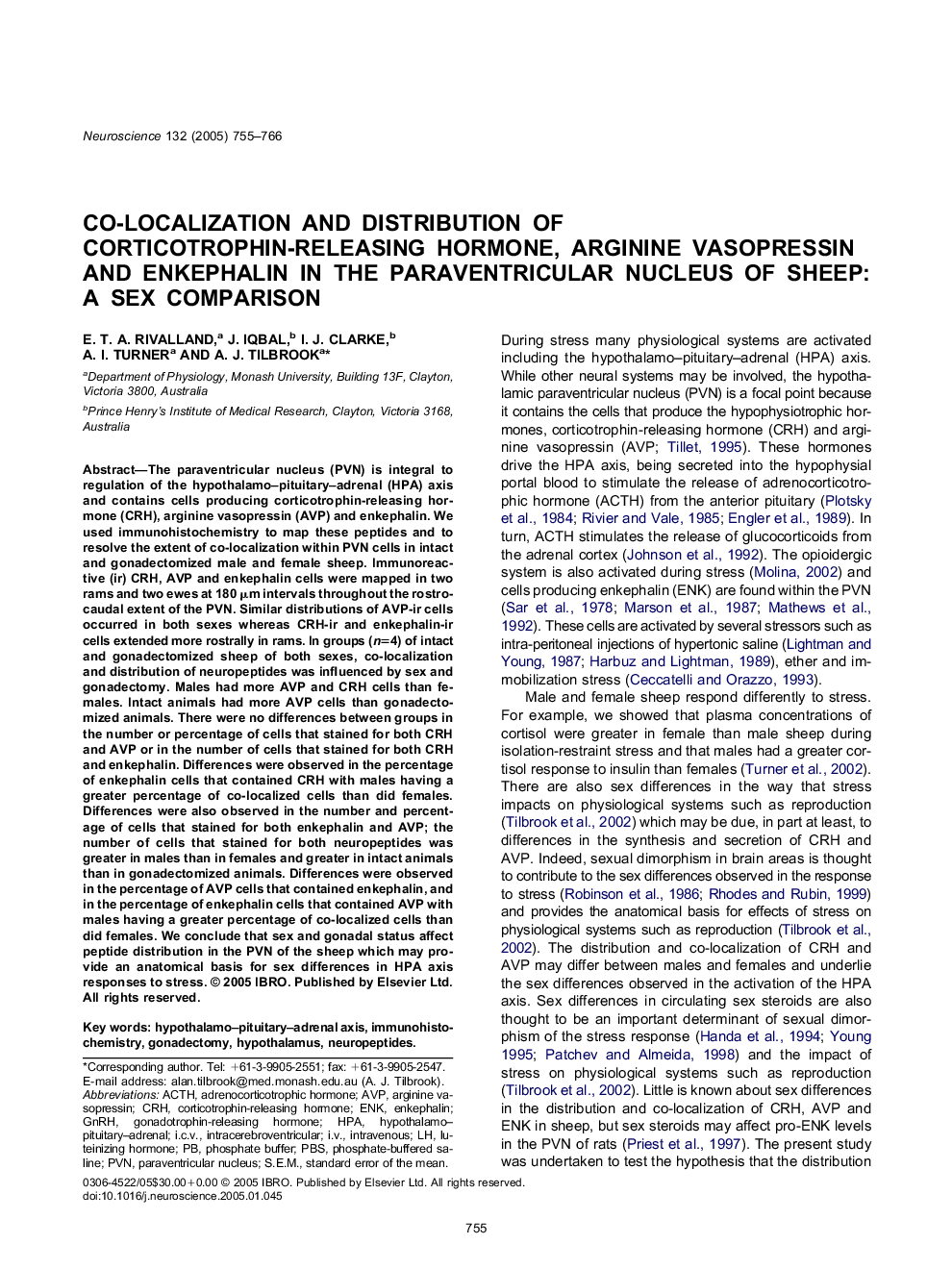 Co-localization and distribution of corticotrophin-releasing hormone, arginine vasopressin and enkephalin in the paraventricular nucleus of sheep: A sex comparison