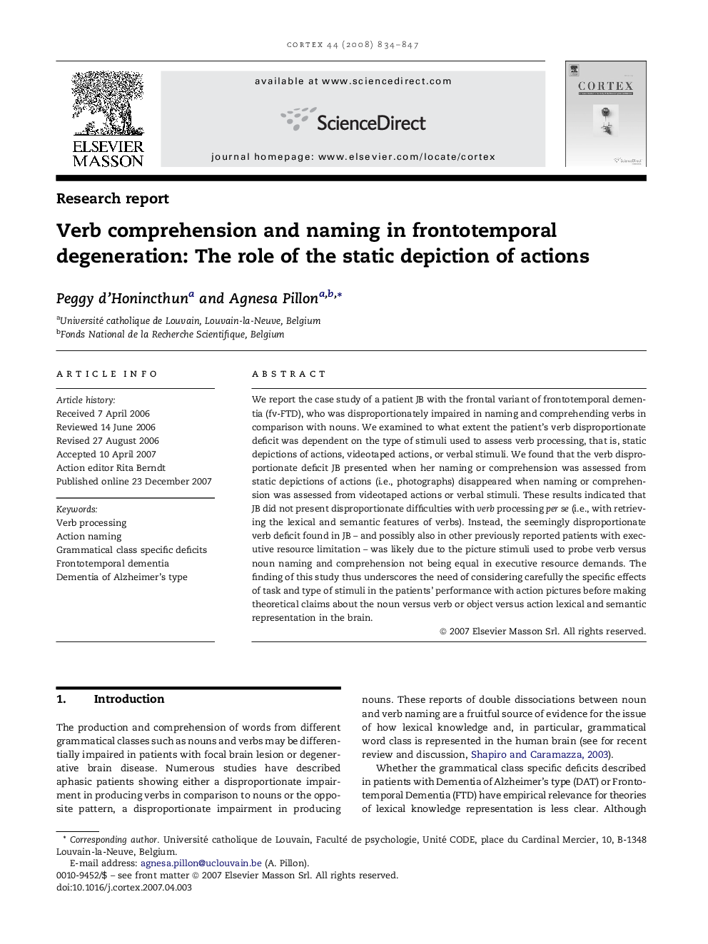 Verb comprehension and naming in frontotemporal degeneration: The role of the static depiction of actions