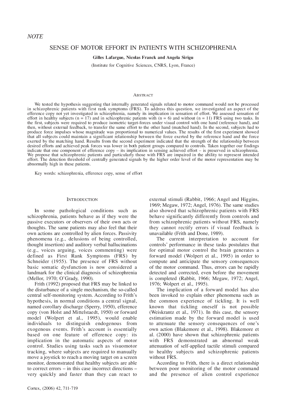 Sense Of Motor Effort in Patients with Schizophrenia