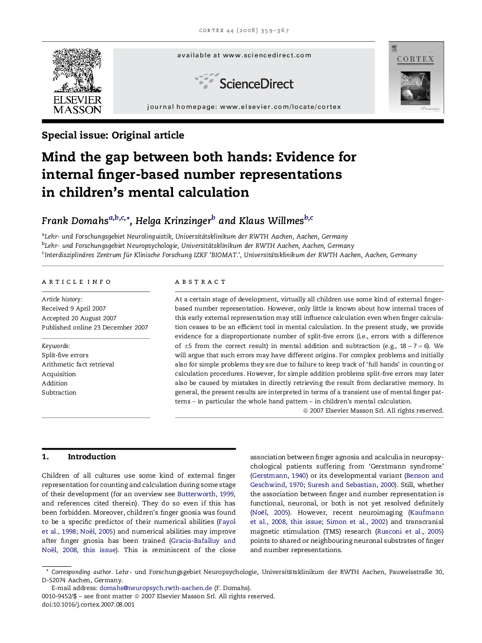 Mind the gap between both hands: Evidence for internal finger-based number representations in children's mental calculation