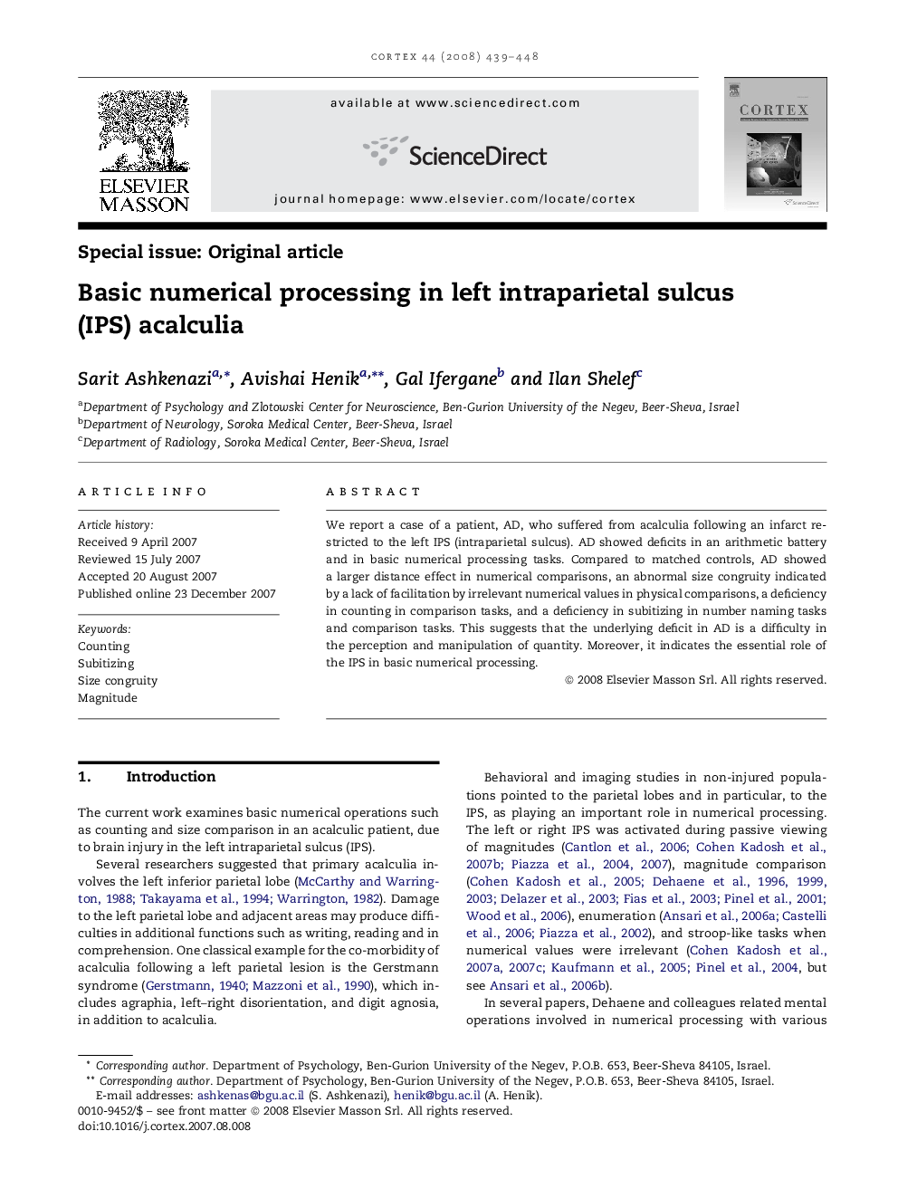 عکس صفحه اول مقاله: Basic numerical processing in left intraparietal sulcus (IPS) acalculia Basic numerical processing in left intraparietal sulcus (IPS) acalculia