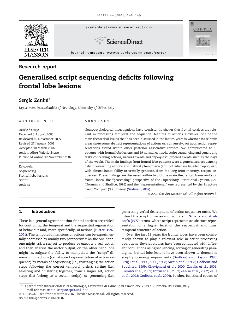 Generalised script sequencing deficits following frontal lobe lesions