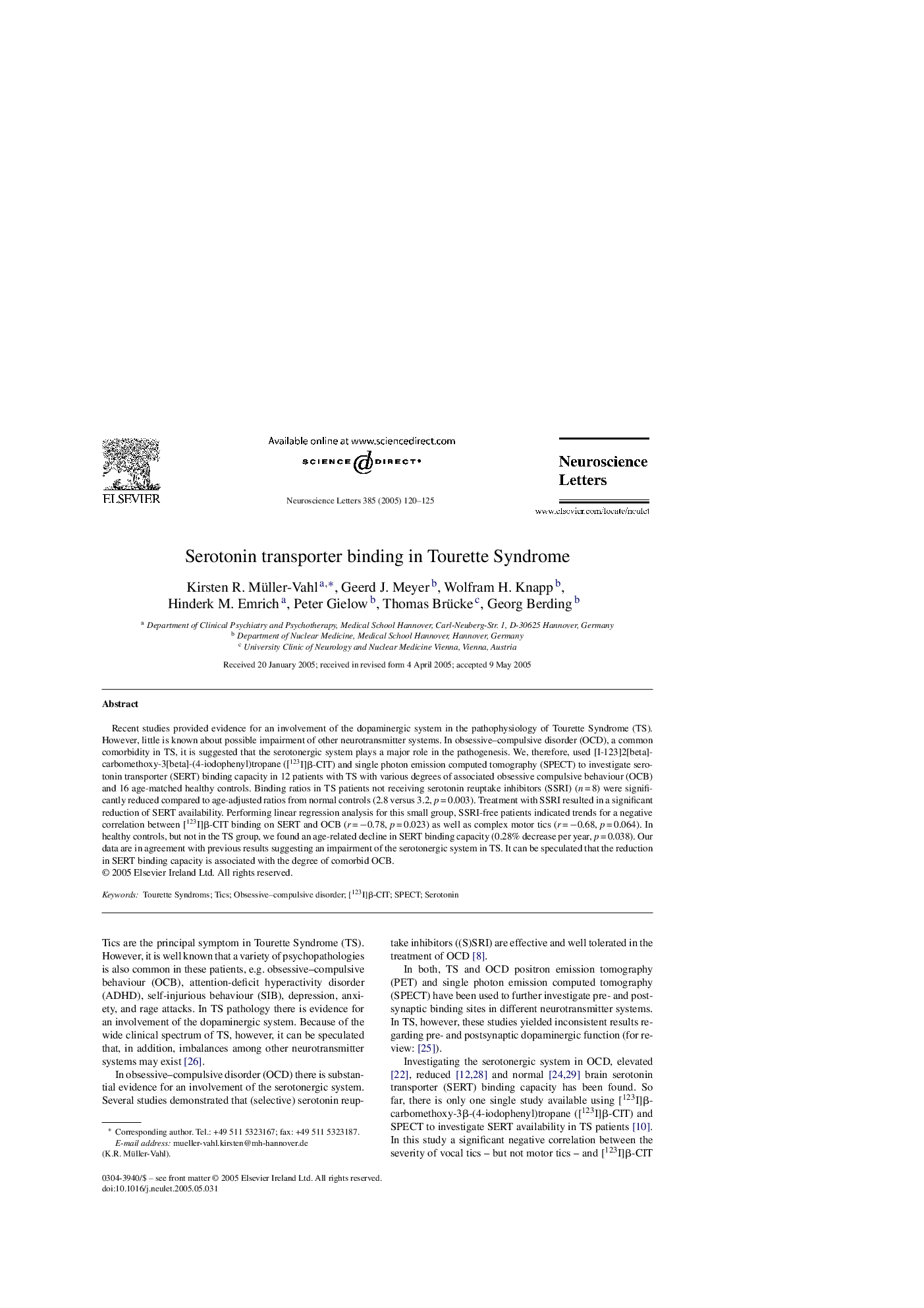 Serotonin transporter binding in Tourette Syndrome