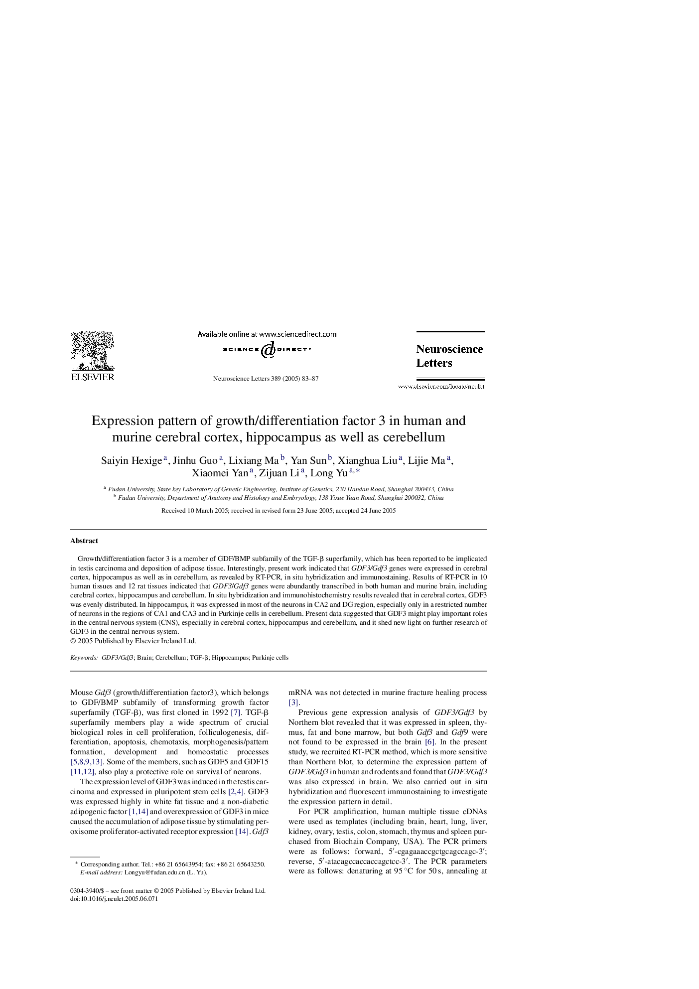 Expression pattern of growth/differentiation factor 3 in human and murine cerebral cortex, hippocampus as well as cerebellum