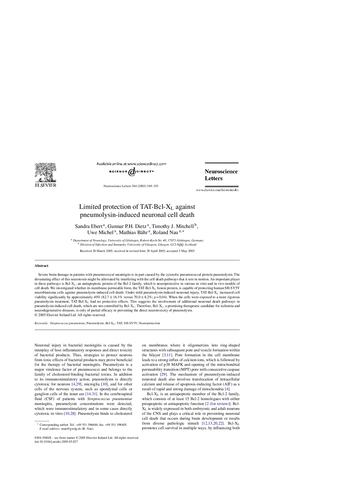 Limited protection of TAT-Bcl-XL against pneumolysin-induced neuronal cell death