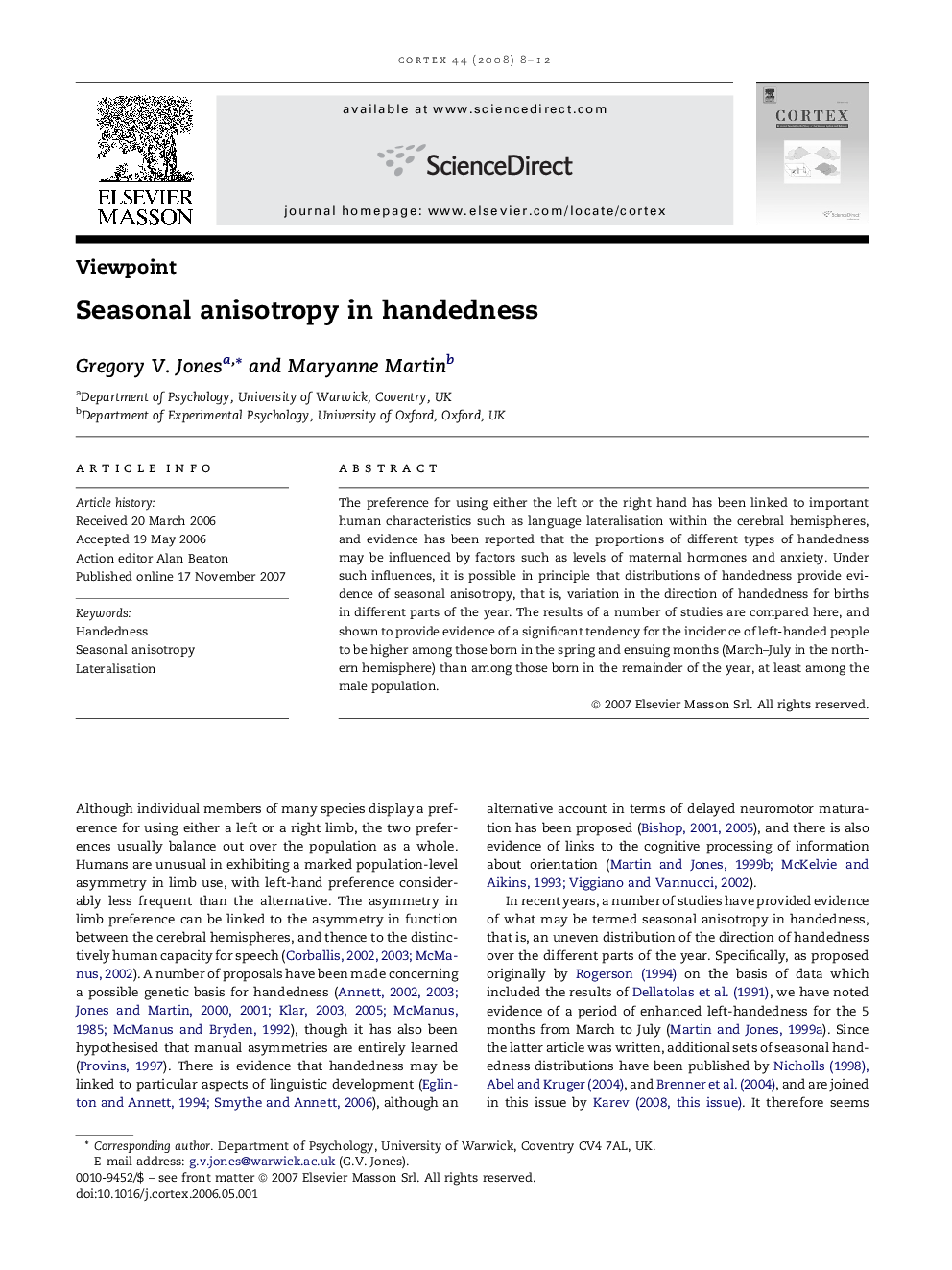 Seasonal anisotropy in handedness