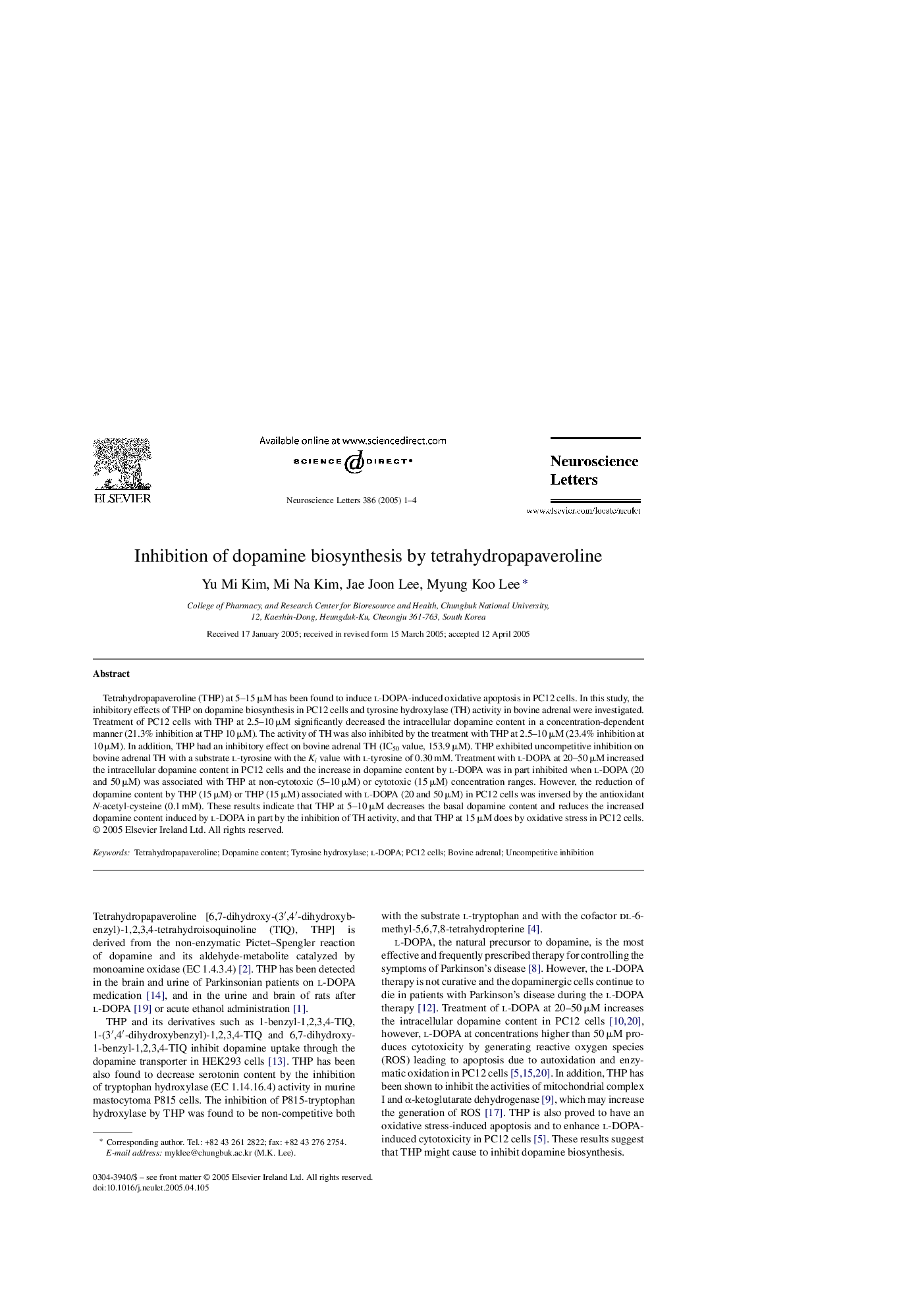 Inhibition of dopamine biosynthesis by tetrahydropapaveroline