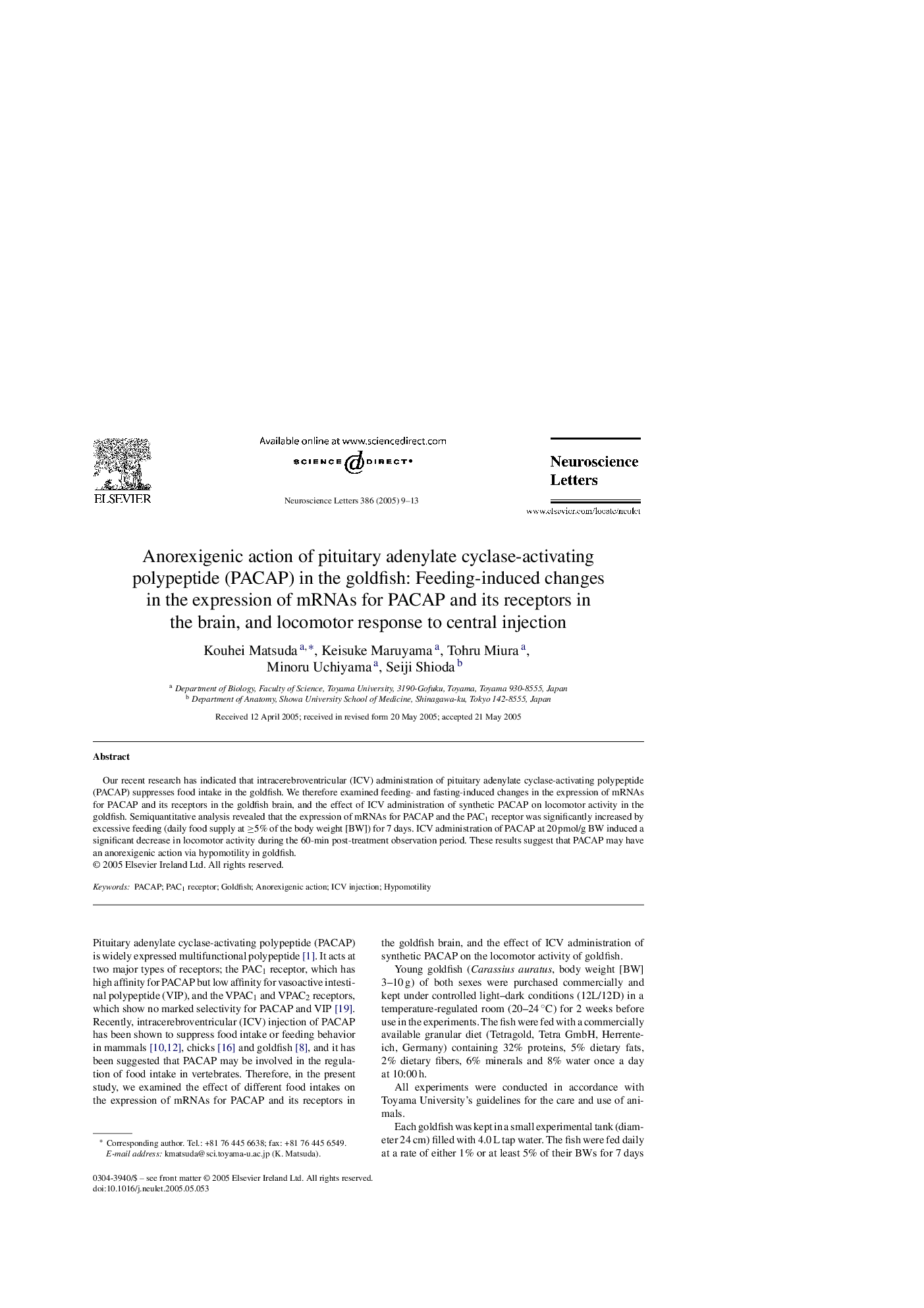 Anorexigenic action of pituitary adenylate cyclase-activating polypeptide (PACAP) in the goldfish: Feeding-induced changes in the expression of mRNAs for PACAP and its receptors in the brain, and locomotor response to central injection