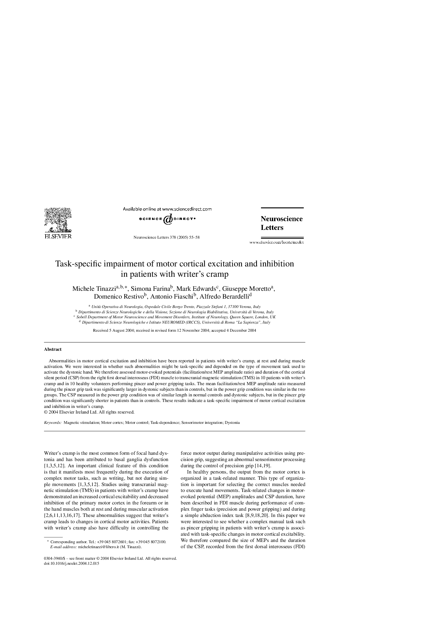 Task-specific impairment of motor cortical excitation and inhibition in patients with writer's cramp