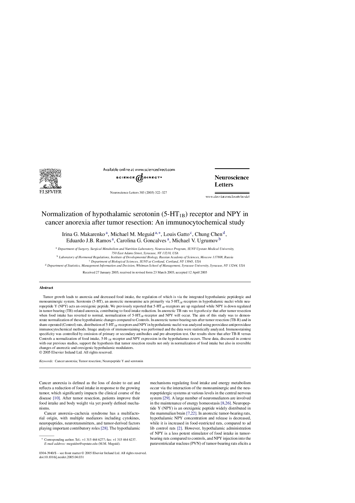 Normalization of hypothalamic serotonin (5-HT1B) receptor and NPY in cancer anorexia after tumor resection: An immunocytochemical study