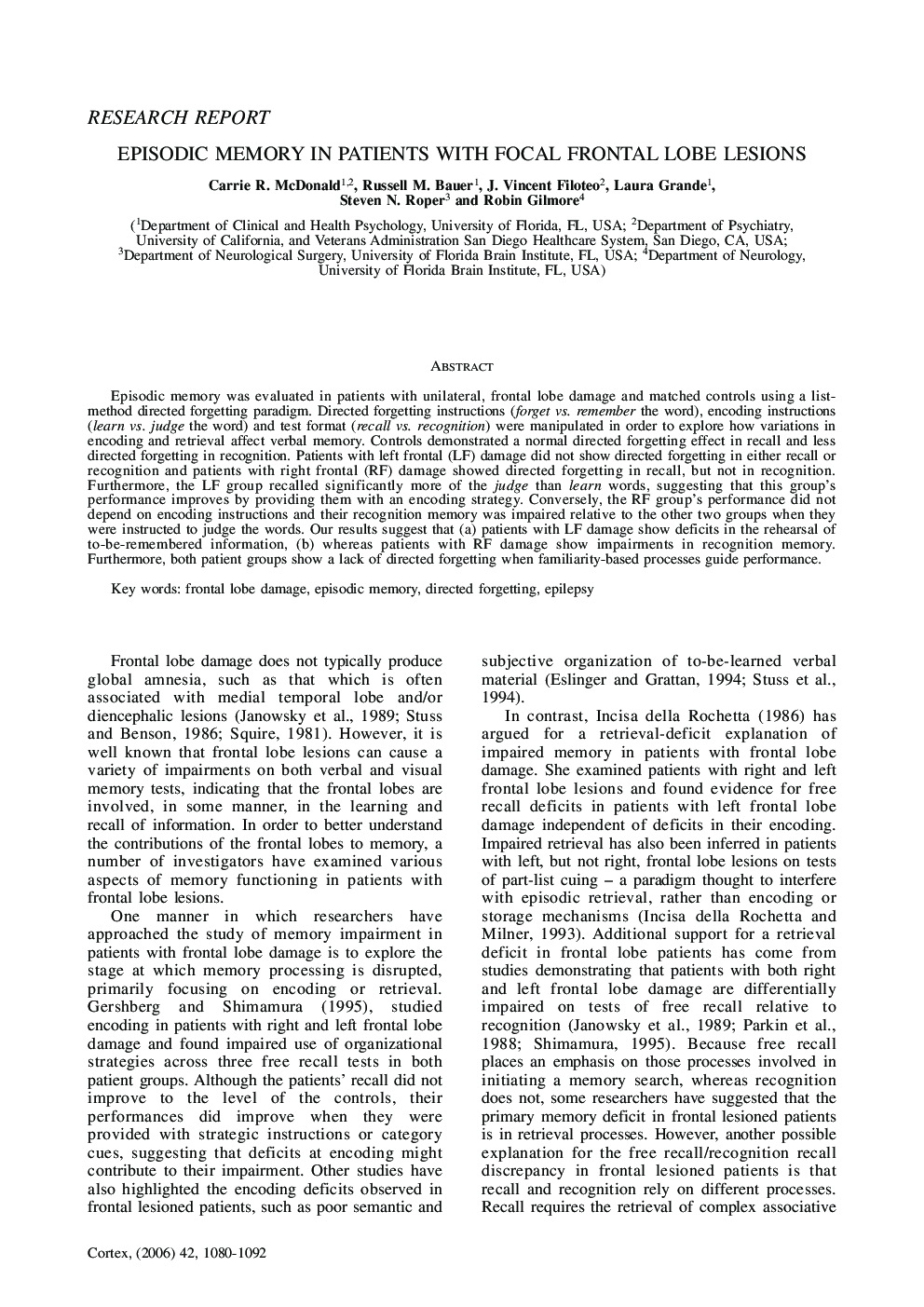 Episodic Memory in Patients with Focal Frontal Lobe Lesions