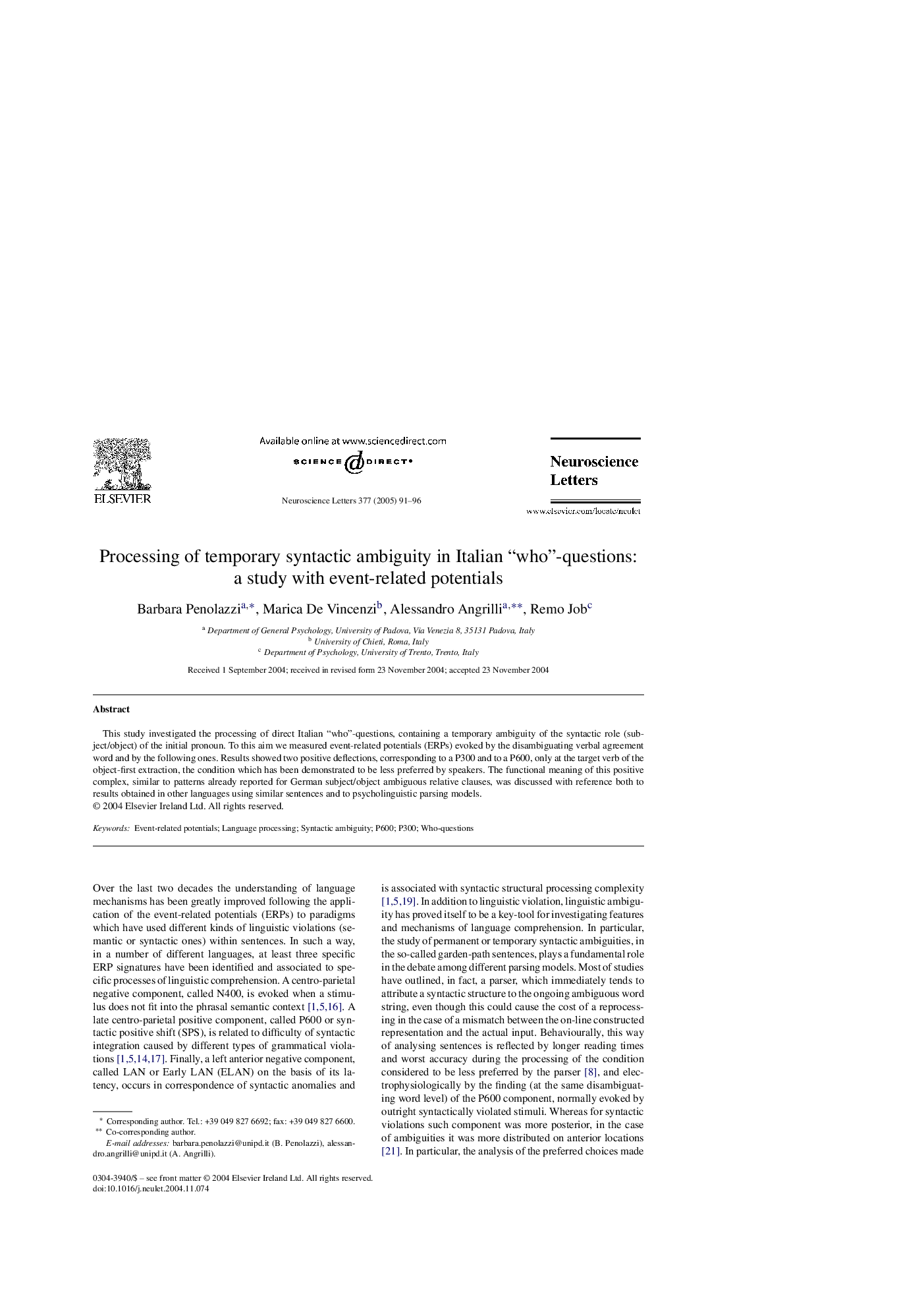 Processing of temporary syntactic ambiguity in Italian “who”-questions: a study with event-related potentials