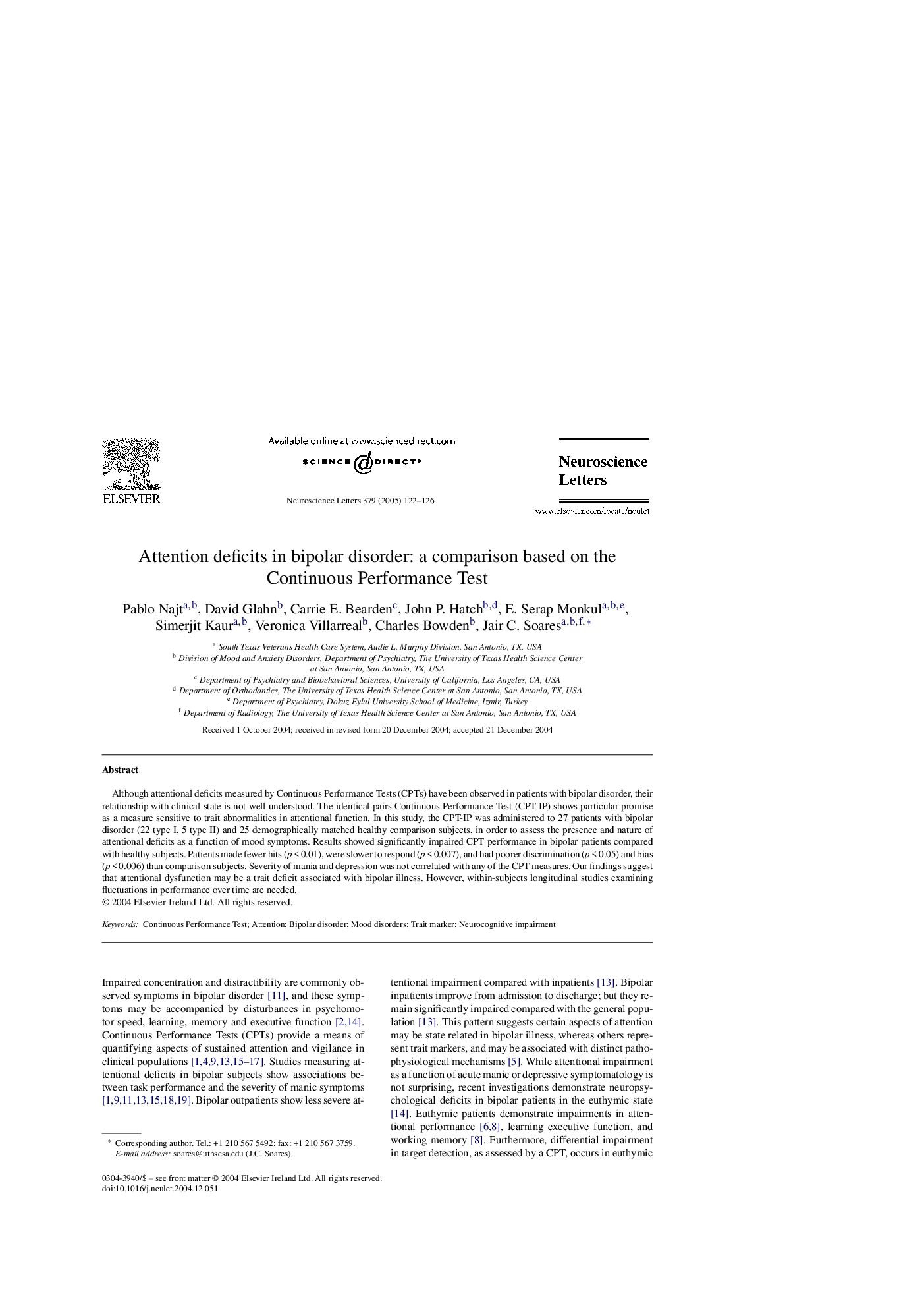 Attention deficits in bipolar disorder: a comparison based on the Continuous Performance Test