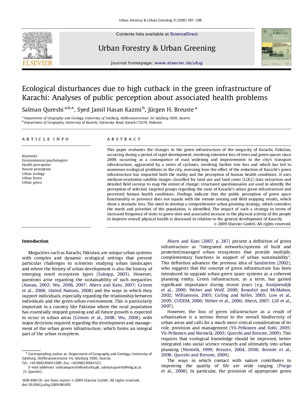 Ecological disturbances due to high cutback in the green infrastructure of Karachi: Analyses of public perception about associated health problems