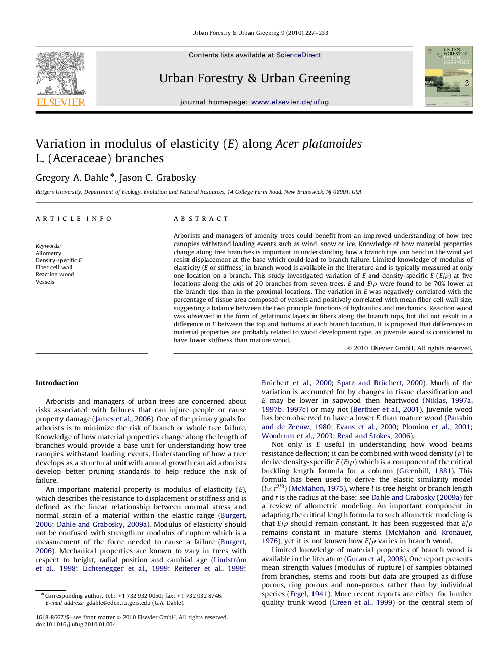 Variation in modulus of elasticity (E) along Acer platanoides L. (Aceraceae) branches