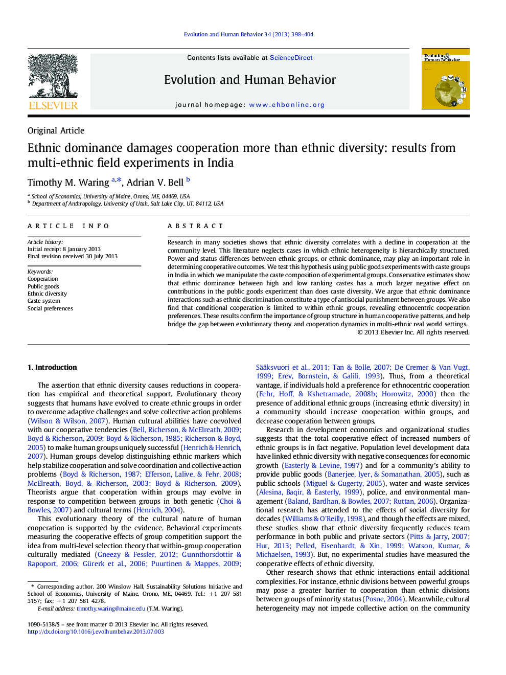 Ethnic dominance damages cooperation more than ethnic diversity: results from multi-ethnic field experiments in India