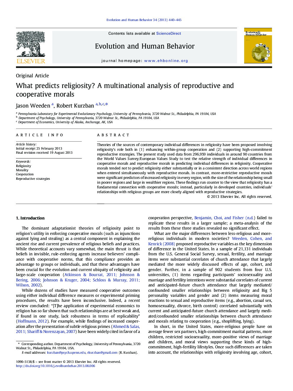 What predicts religiosity? A multinational analysis of reproductive and cooperative morals