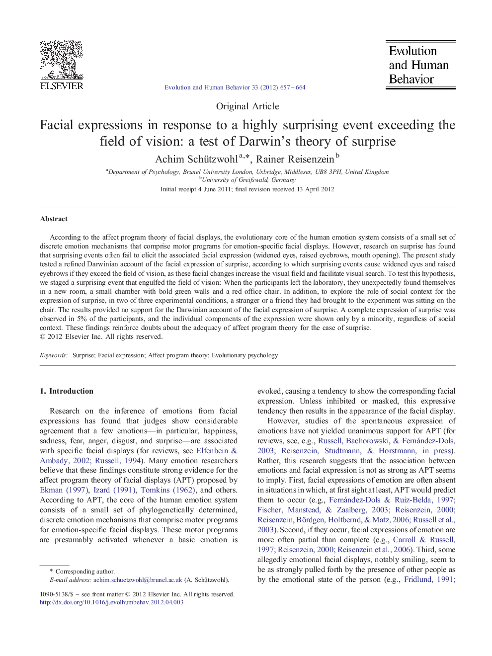 Facial expressions in response to a highly surprising event exceeding the field of vision: a test of Darwin's theory of surprise