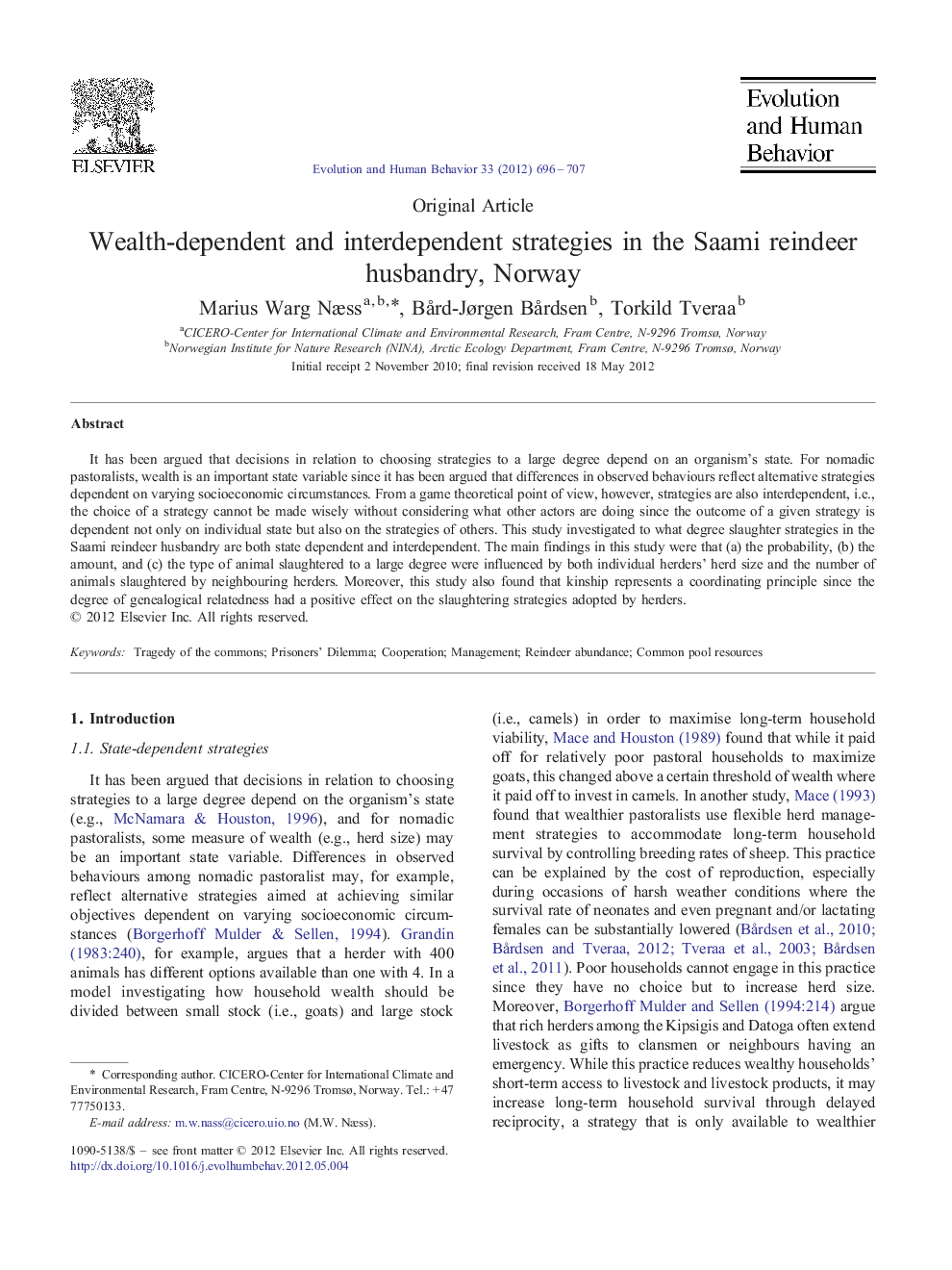 Wealth-dependent and interdependent strategies in the Saami reindeer husbandry, Norway