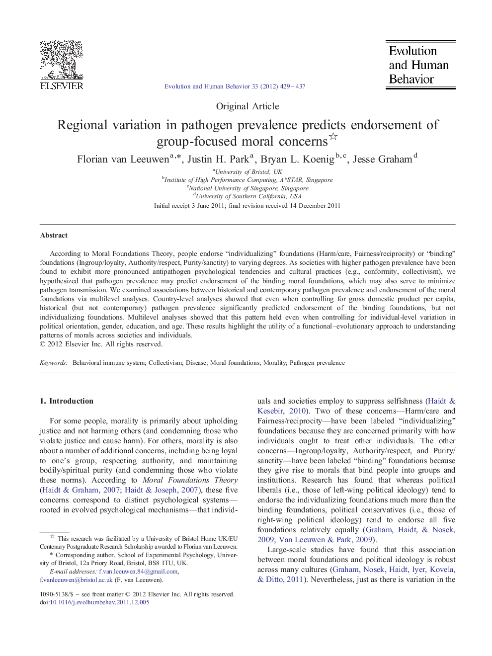 Regional variation in pathogen prevalence predicts endorsement of group-focused moral concerns 