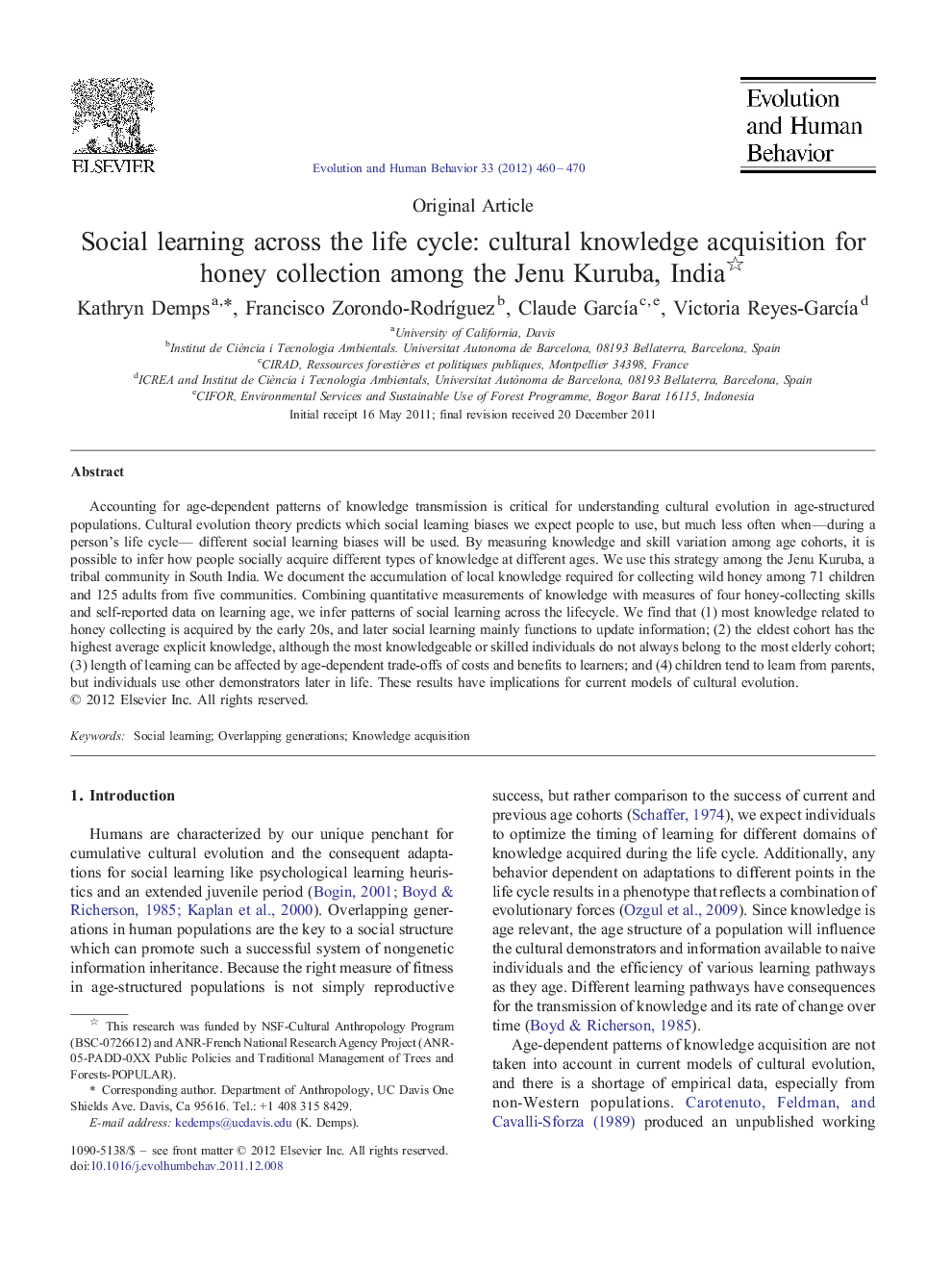 Social learning across the life cycle: cultural knowledge acquisition for honey collection among the Jenu Kuruba, India 