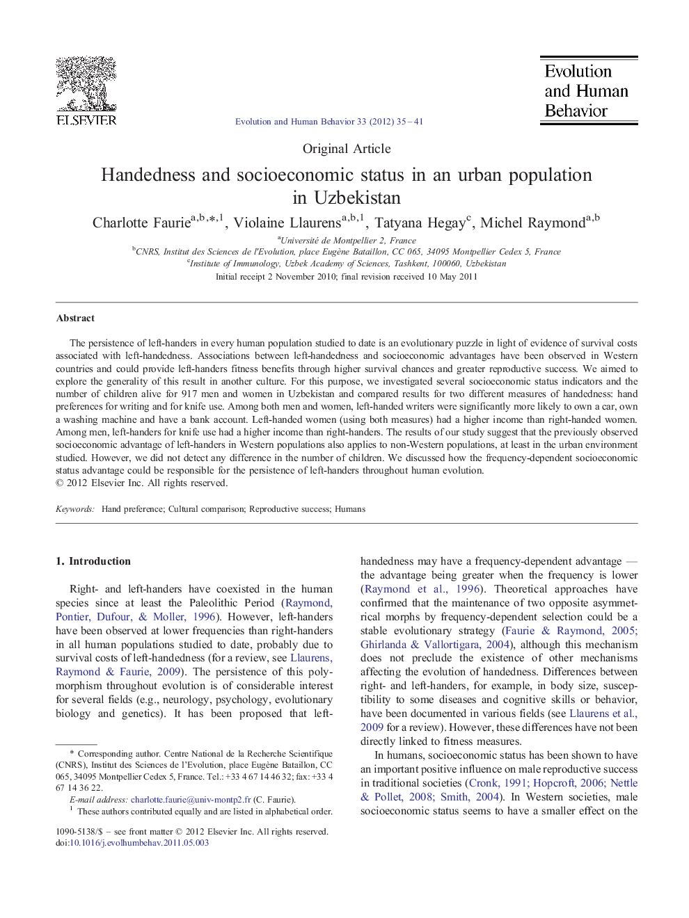 Handedness and socioeconomic status in an urban population in Uzbekistan