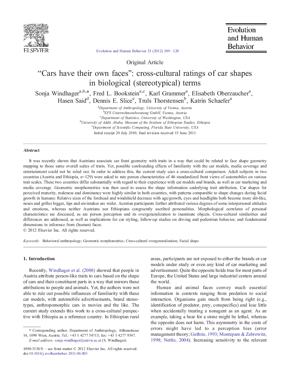 “Cars have their own faces”: cross-cultural ratings of car shapes in biological (stereotypical) terms