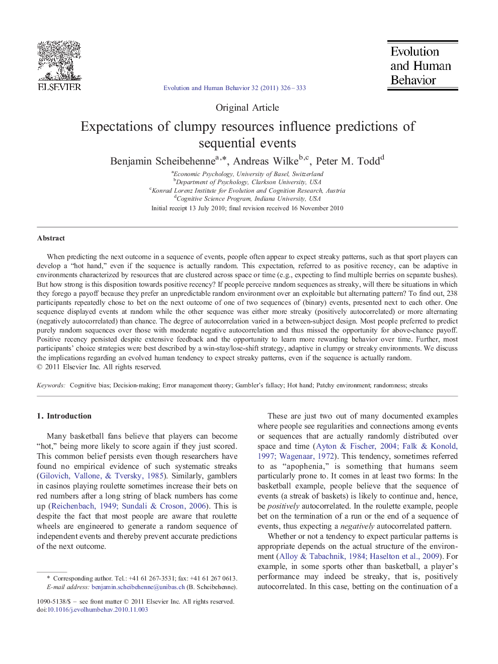 Expectations of clumpy resources influence predictions of sequential events