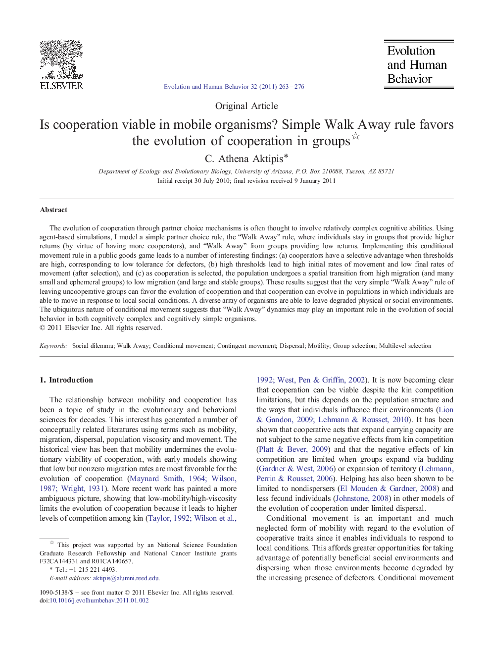 Is cooperation viable in mobile organisms? Simple Walk Away rule favors the evolution of cooperation in groups 