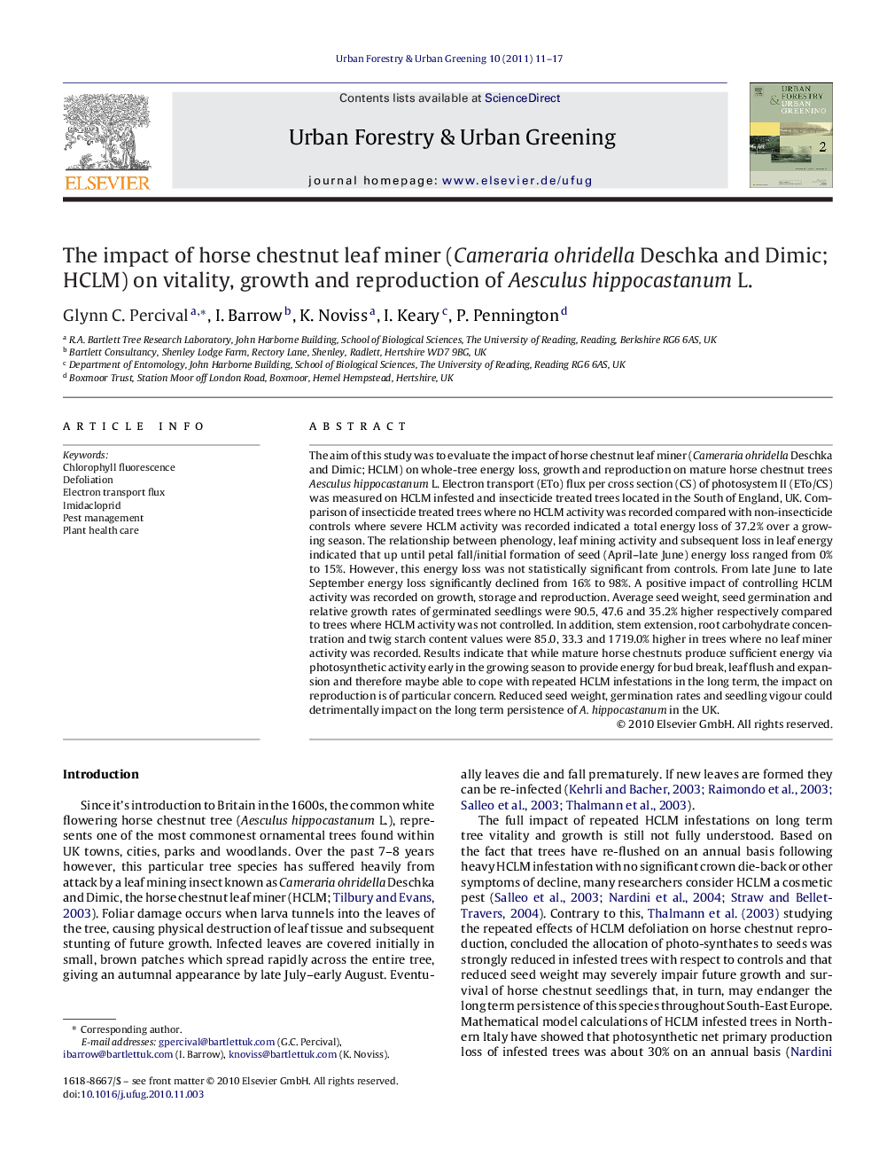 The impact of horse chestnut leaf miner (Cameraria ohridella Deschka and Dimic; HCLM) on vitality, growth and reproduction of Aesculus hippocastanum L.