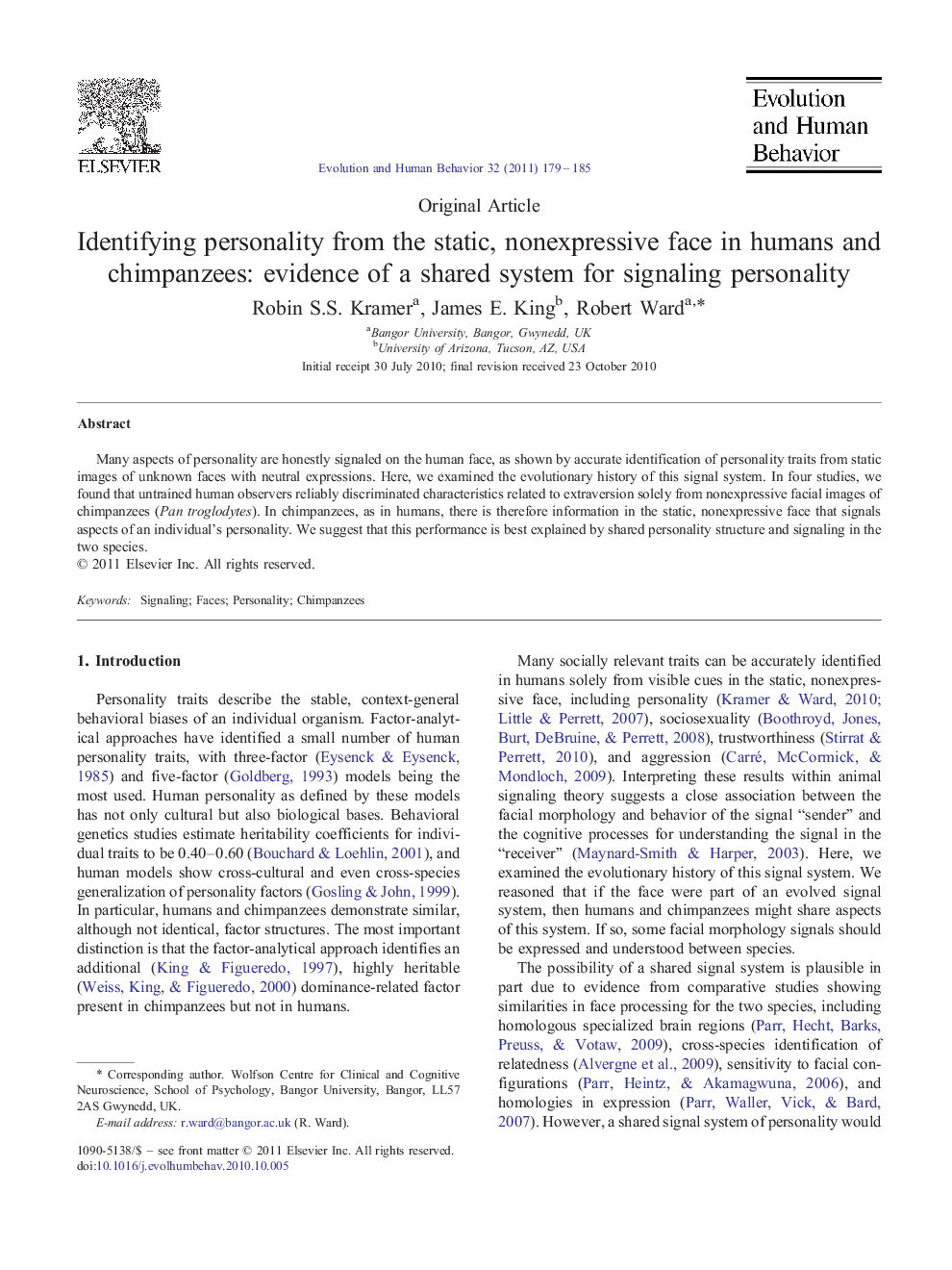 Identifying personality from the static, nonexpressive face in humans and chimpanzees: evidence of a shared system for signaling personality