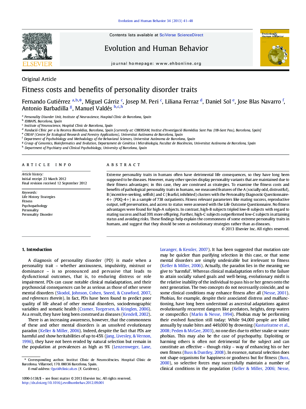 Fitness costs and benefits of personality disorder traits